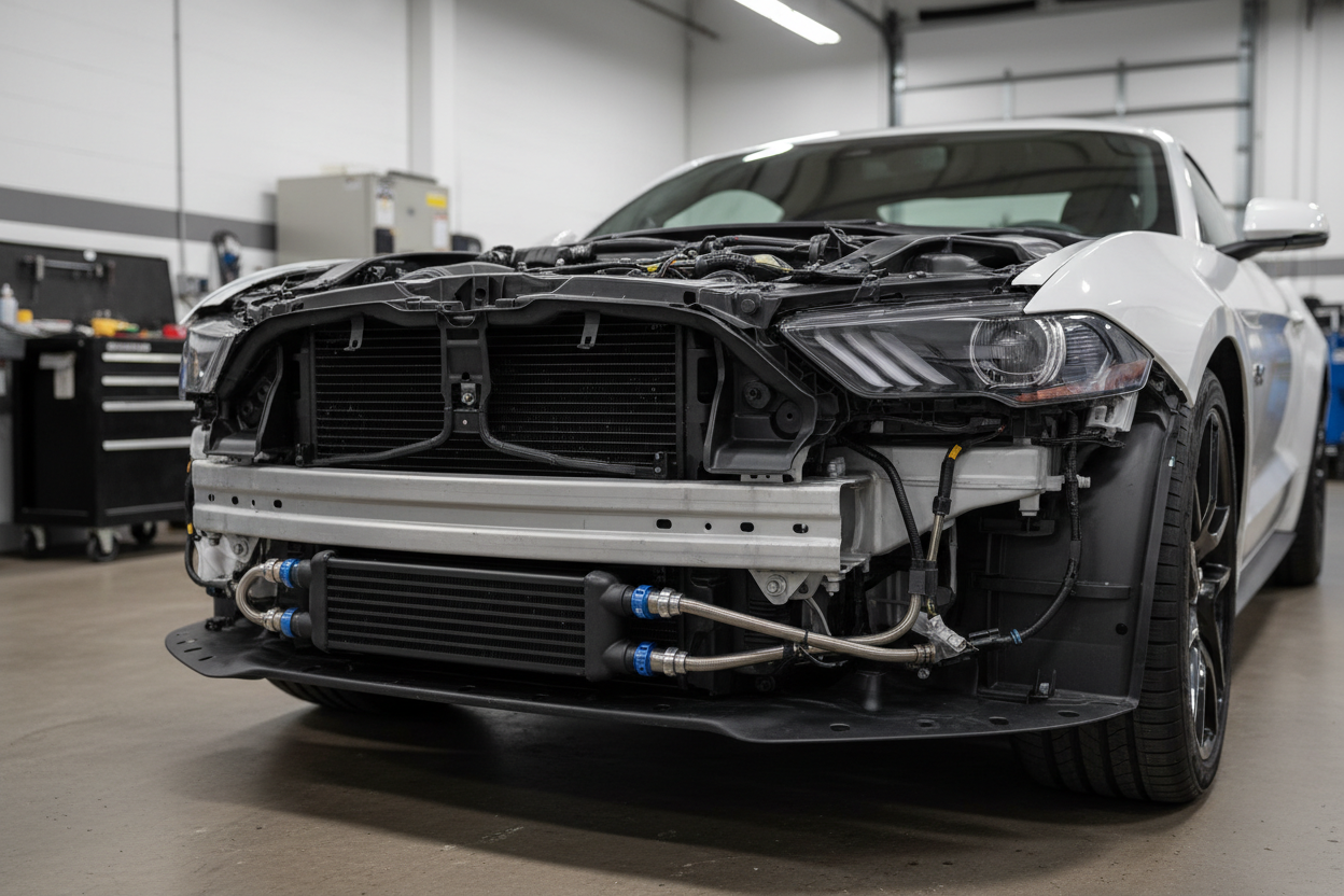 2023er Ford Mustang mit abmontiertem Stossfänger vorn und zuätzlich eingebautem liegendem Ölkühler