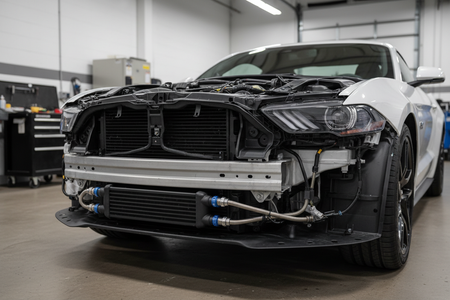 2023er Ford Mustang mit abmontiertem Stossfänger vorn und zuätzlich eingebautem liegendem Ölkühler