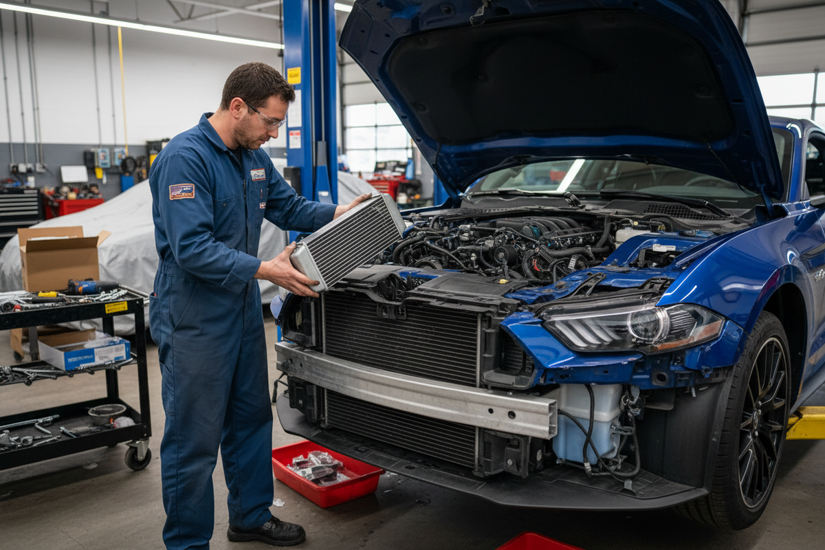 2023er Ford Mustang mit demontiertem Stossfänger vorn und ein Mechaniker der gerade einen Ölkühler einbaut