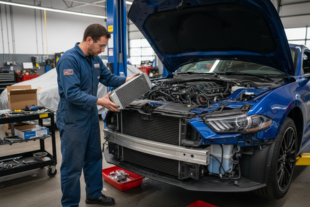 2023er Ford Mustang mit demontiertem Stossfänger vorn und ein Mechaniker der gerade einen Ölkühler einbaut