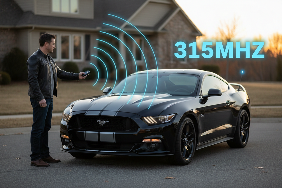 erstelle ein Bild, auf dem ein Ford Mustang zu sehen ist, welcher vom Fahrer seinem Funkschlüssel ein Funksignal in 315MHZ empfängt. das offizielle Funksymbol verwenden.