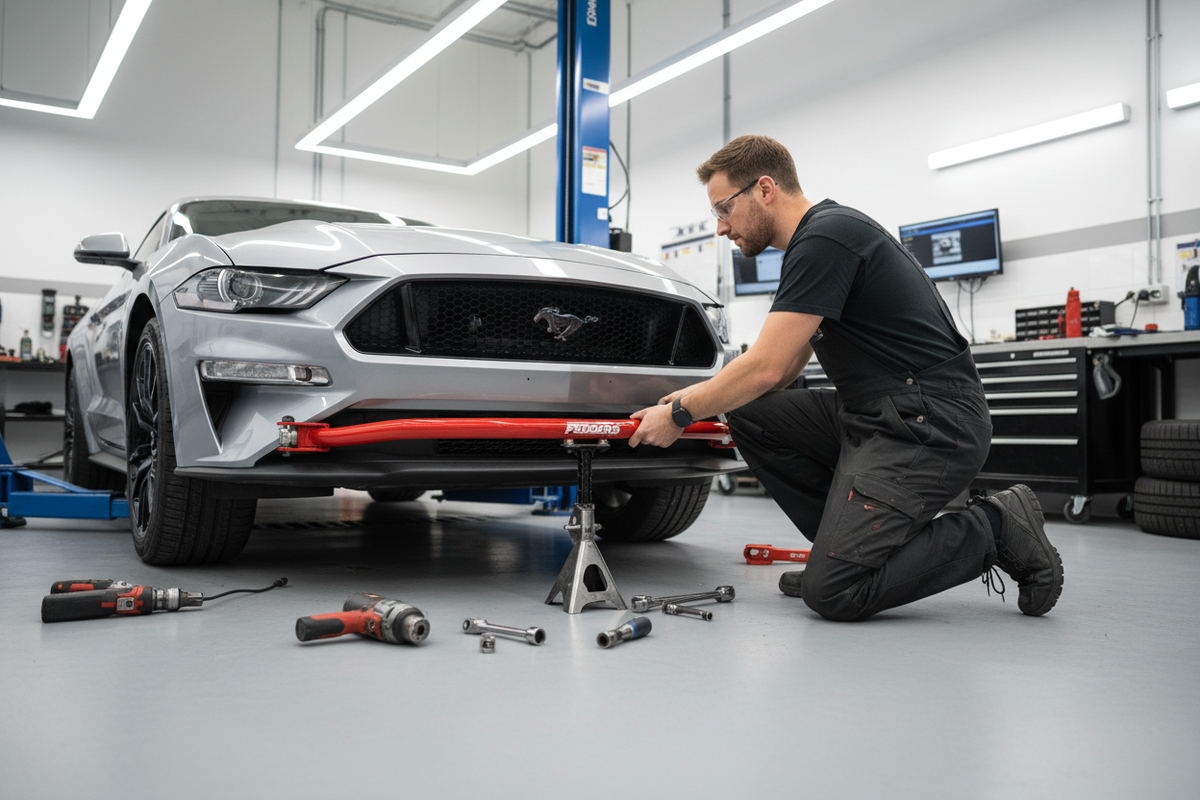 Erstelle ein Bild, auf dem ein KFZ-Mechatroniker in einer modernen KFZ-Werkstatt zu sehen ist, wie er einen front sway bar von Pedders in Rot einbaut. Vor einem Ford Mustang 2024