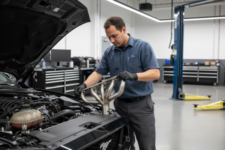 erstelle ein Foto, auf dem ein KFZ Mechatroniker in einer modernen KFZ-Werkstatt einen Fächerkrümmer in einen Ford Mustang 2024 einbaut
