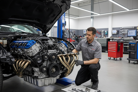 erstelle ein Foto auf dem zu sehen ist, wie eine KFZ-Mechatroniker in einer modernen KFZ-Werkstatt einen Longtube Haeder in einen Ford Mustang 2024 einbaut